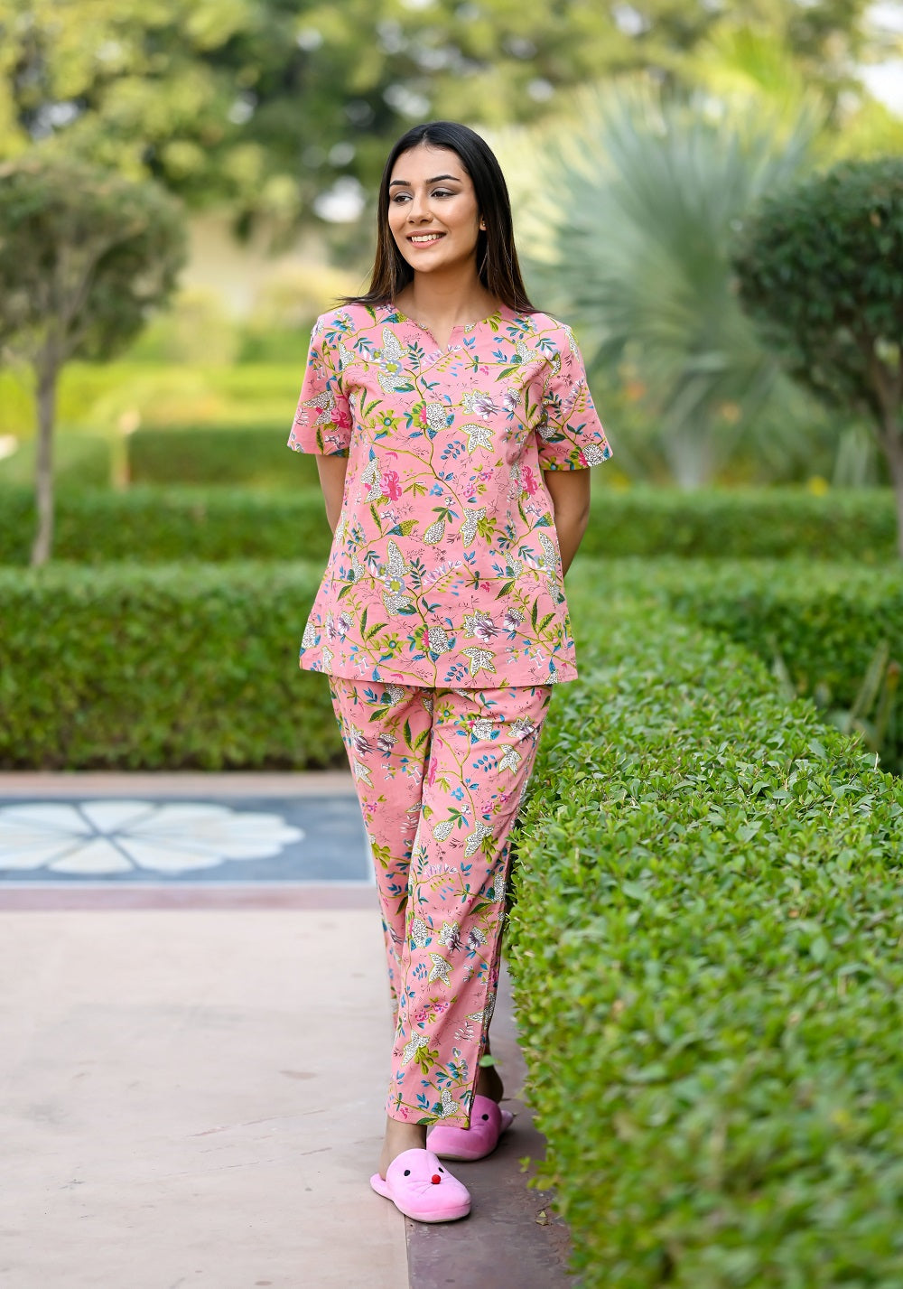 Pink Cotton Printed Night Suit Set with Payjama Night Suit SANSKRUTI HOMES 