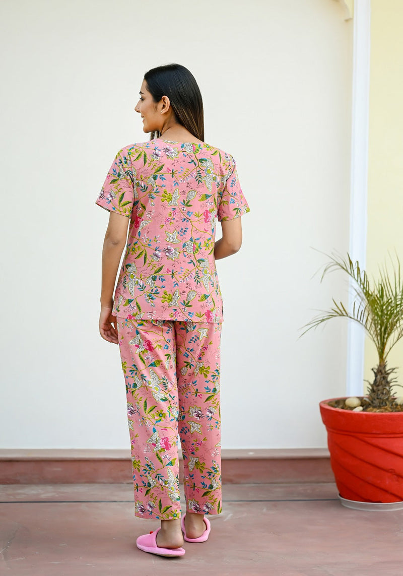 Pink Cotton Printed Night Suit Set with Payjama Night Suit SANSKRUTI HOMES 