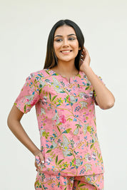 Pink Cotton Printed Night Suit Set with Payjama Night Suit SANSKRUTI HOMES 