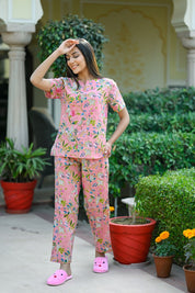 Pink Cotton Printed Night Suit Set with Payjama Night Suit SANSKRUTI HOMES 