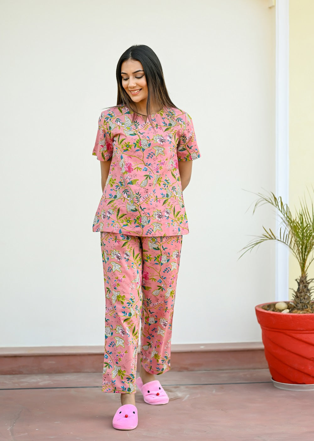 Pink Cotton Printed Night Suit Set with Payjama Night Suit SANSKRUTI HOMES 