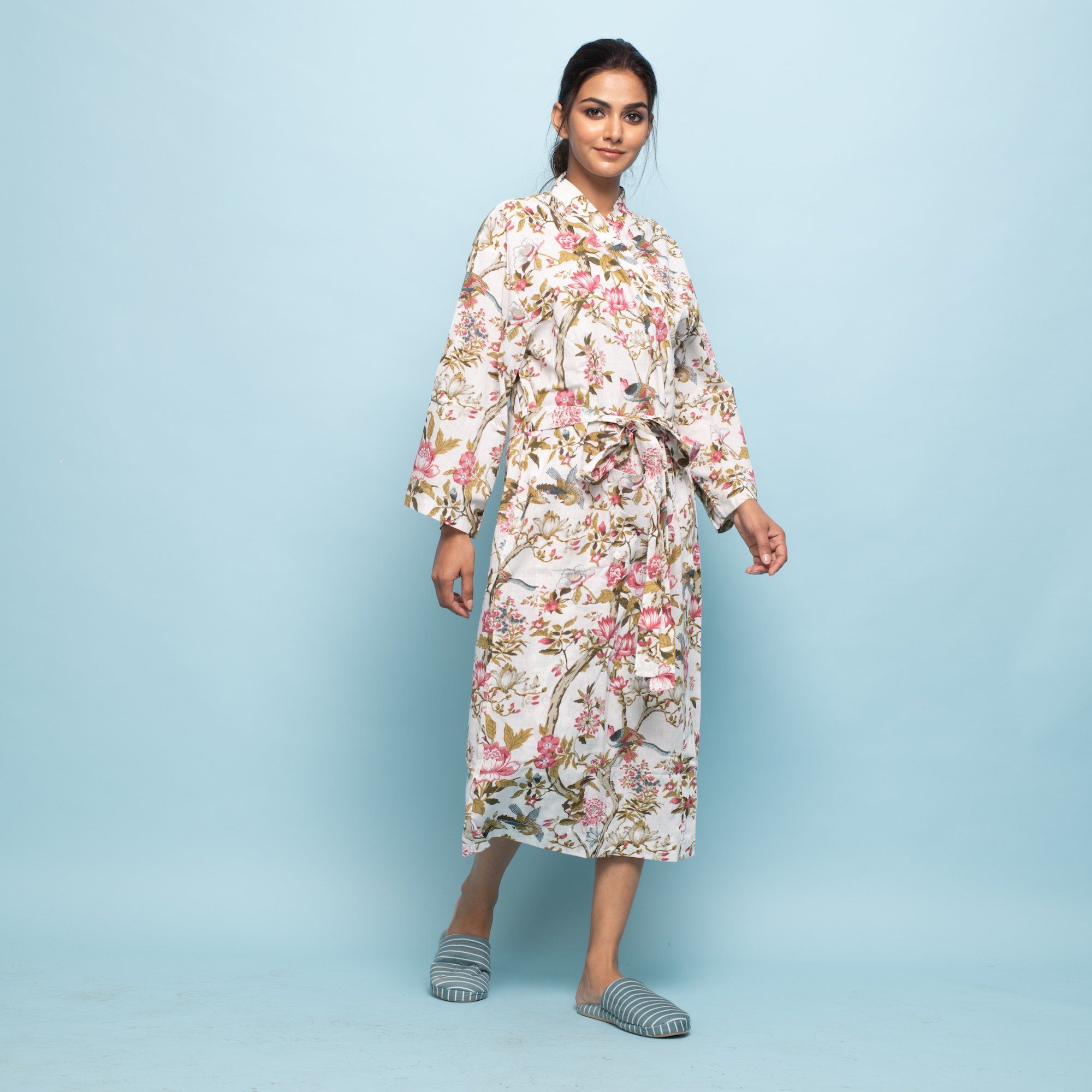 PINK FLORAL Cotton Hand printed Bathrobe Bathrobe SANSKRUTI HOMES 