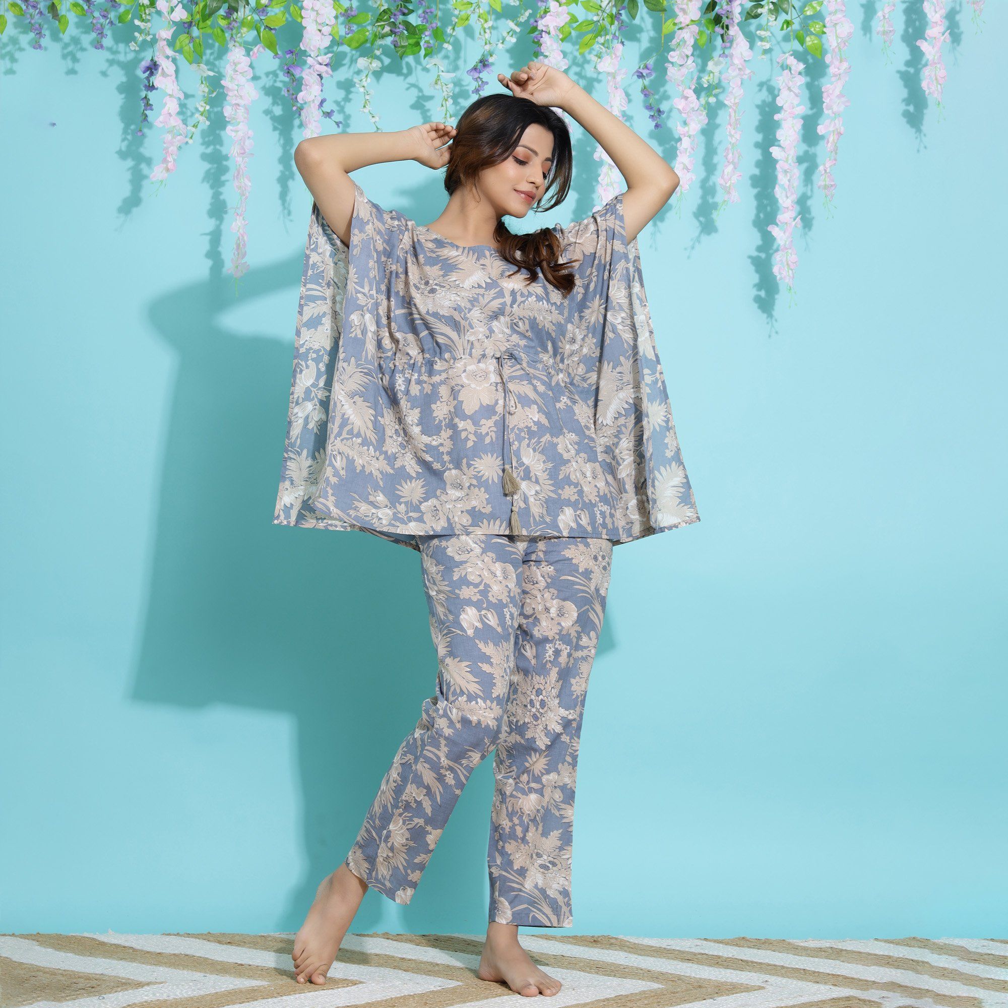 Powder Blue Cotton Printed Kaftan and Pajama Set Kaftan Set SANSKRUTI HOMES 