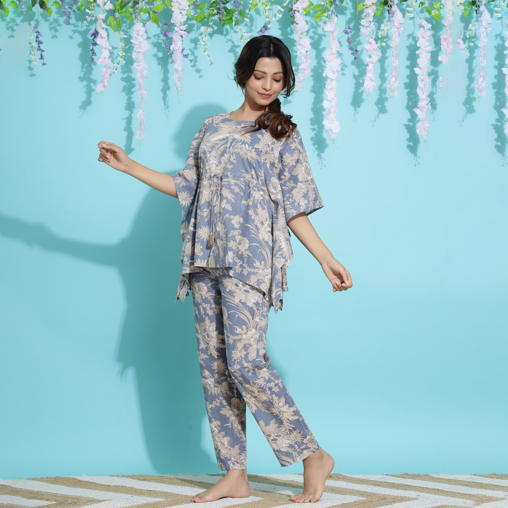 Powder Blue Cotton Printed Kaftan and Pajama Set Kaftan Set SANSKRUTI HOMES 