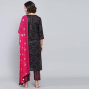 Rang Deep Black Pink Block Print Cotton Set of Kurti With Pant & Dupatta Kurti Dupatta set Pant Rangdeep-Fashions 