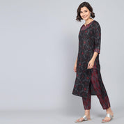 Rang Deep Black Pink Block Print Cotton Set of Kurti With Pant & Dupatta Kurti Dupatta set Pant Rangdeep-Fashions 