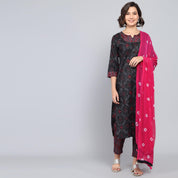 Rang Deep Black Pink Block Print Cotton Set of Kurti With Pant & Dupatta Kurti Dupatta set Pant Rangdeep-Fashions Large 