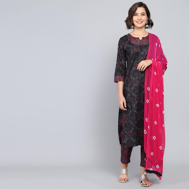 Rang Deep Black Pink Block Print Cotton Set of Kurti With Pant & Dupatta Kurti Dupatta set Pant Rangdeep-Fashions Large 