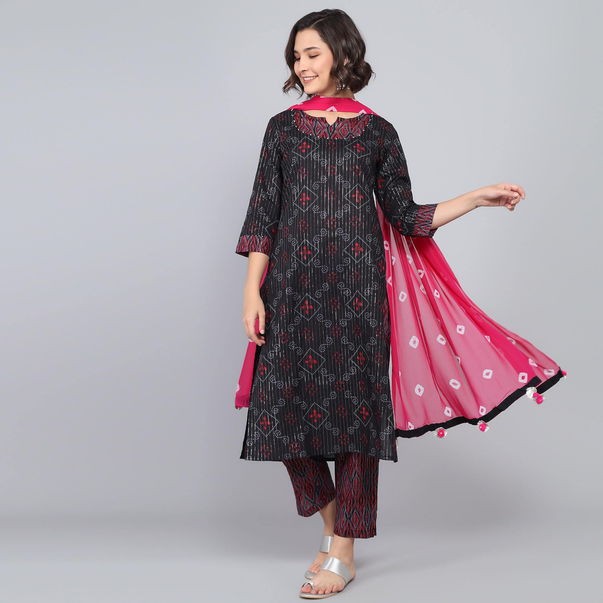 Rang Deep Black Pink Block Print Cotton Set of Kurti With Pant & Dupatta Kurti Dupatta set Pant Rangdeep-Fashions Small 