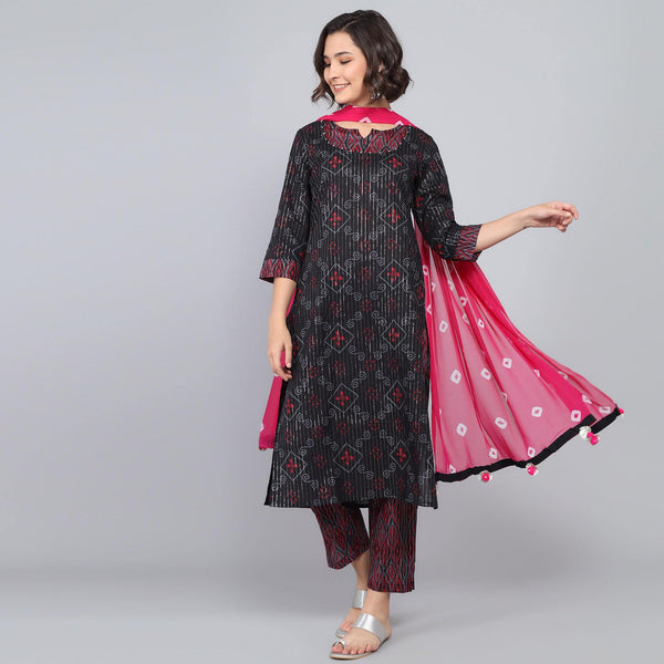 Rang Deep Black Pink Block Print Cotton Set of Kurti With Pant & Dupatta Kurti Dupatta set Pant Rangdeep-Fashions Small 