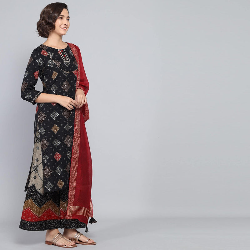 Rang Deep Black Red Block Print Cotton Set of Kurti With Pant & Dupatta Kurti Dupatta set Pant Rangdeep-Fashions 