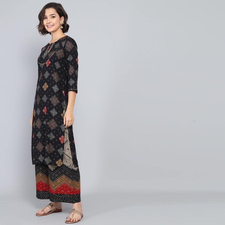 Rang Deep Black Red Block Print Cotton Set of Kurti With Pant & Dupatta Kurti Dupatta set Pant Rangdeep-Fashions 