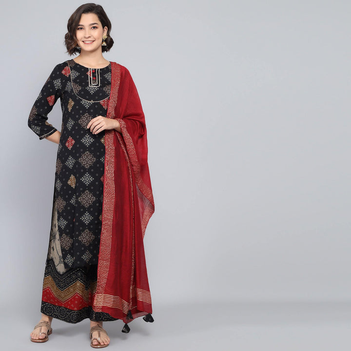 Rang Deep Black Red Block Print Cotton Set of Kurti With Pant & Dupatta Kurti Dupatta set Pant Rangdeep-Fashions Medium 