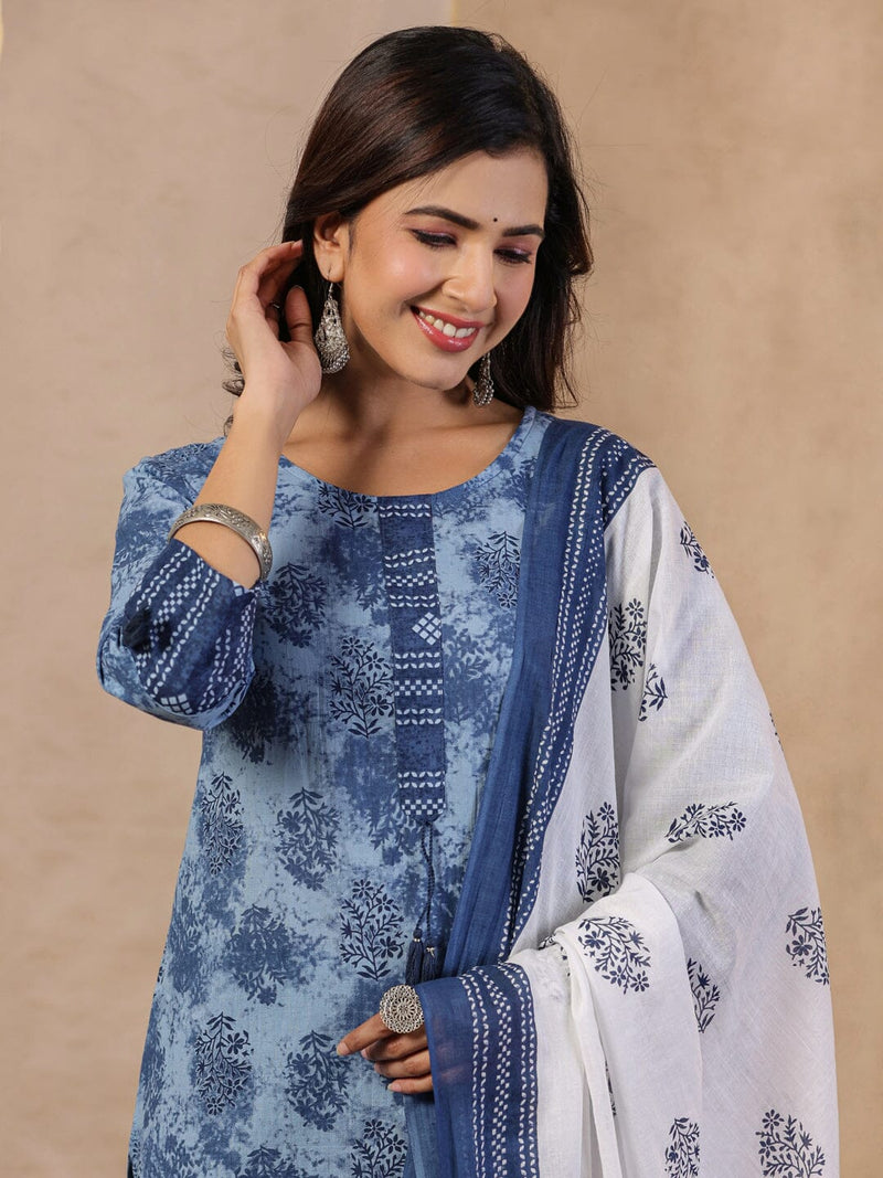 Rang Deep Blue Print Cotton Set of Kurti With Pant & Dupatta Kurti Dupatta set Pant Rangdeep-Fashions 