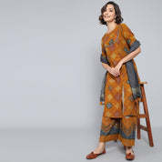 Rang Deep Ochre Block Print Cotton Set of Kurti With Plazzo & Dupatta Kurti Dupatta set Pant Rangdeep-Fashions Medium 