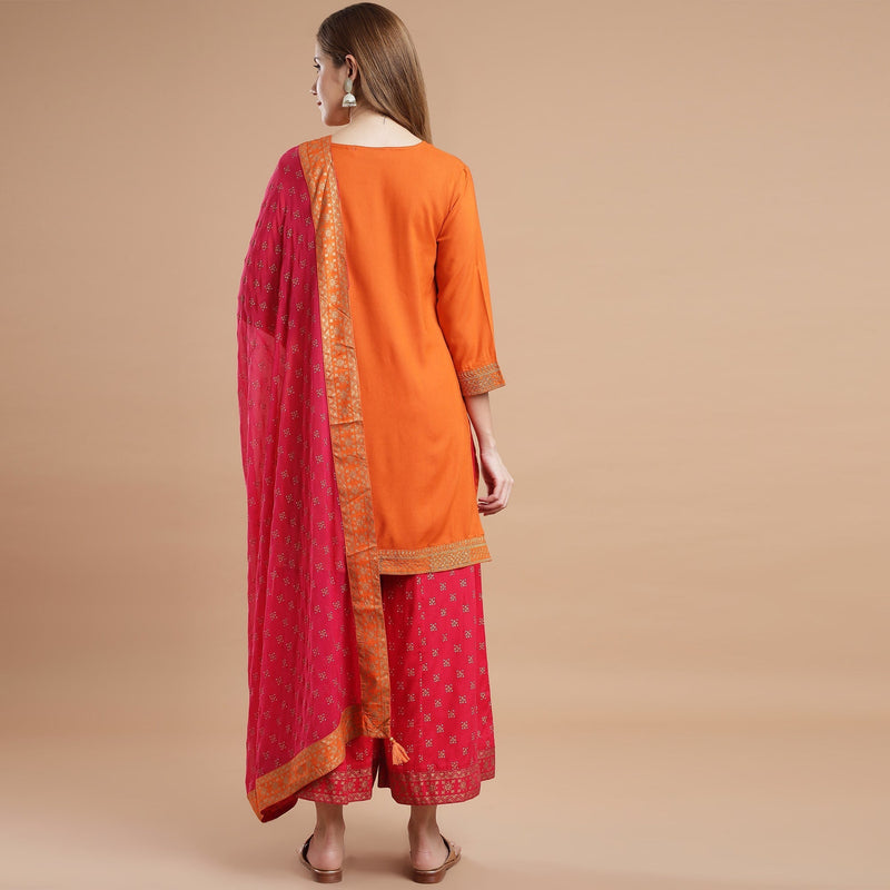 Rang Deep Orange Rayon Set of Kurti With Palazzo & Dupatta Kurti Dupatta set Pant Rangdeep-Fashions 