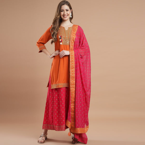 Rang Deep Orange Rayon Set of Kurti With Palazzo & Dupatta Kurti Dupatta set Pant Rangdeep-Fashions Medium 