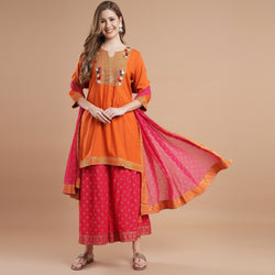 Rang Deep Orange Rayon Set of Kurti With Palazzo & Dupatta Kurti Dupatta set Pant Rangdeep-Fashions Small 