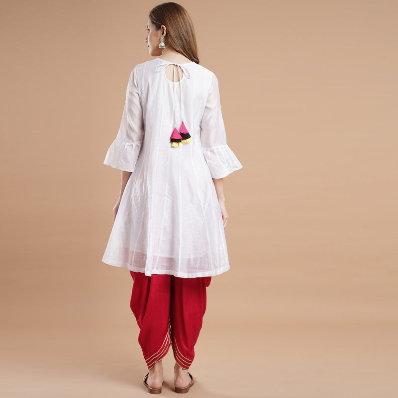 White Women Kurta Kurti Pant Dupatta Set Printed White Dress Bollywood  Style New