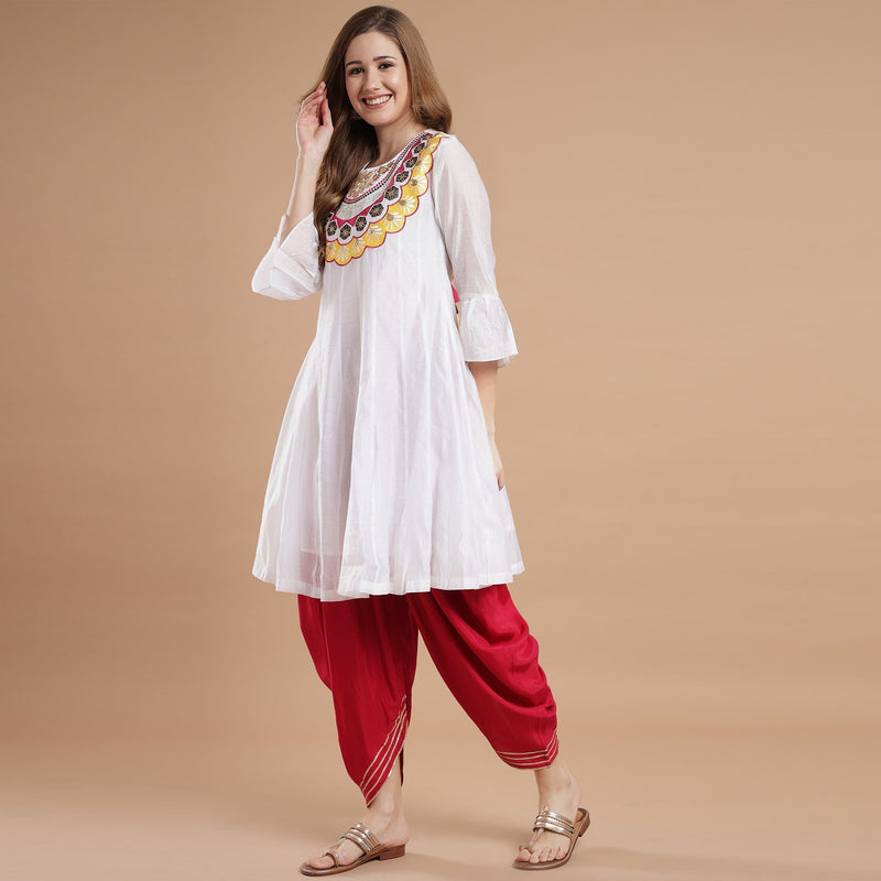BownBee Girls White Embroidered Kurti with Dhoti Pants & Dupatta -  Absolutely Desi