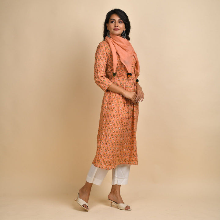 Rang Deep Women Peach cotton Kurta with Scarf Kurti Rangdeep-Fashions 