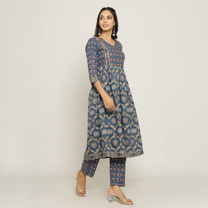 Rang Deep Women Set of Blue Cotton Kurti With Pant Kurti Rangdeep-Fashions 