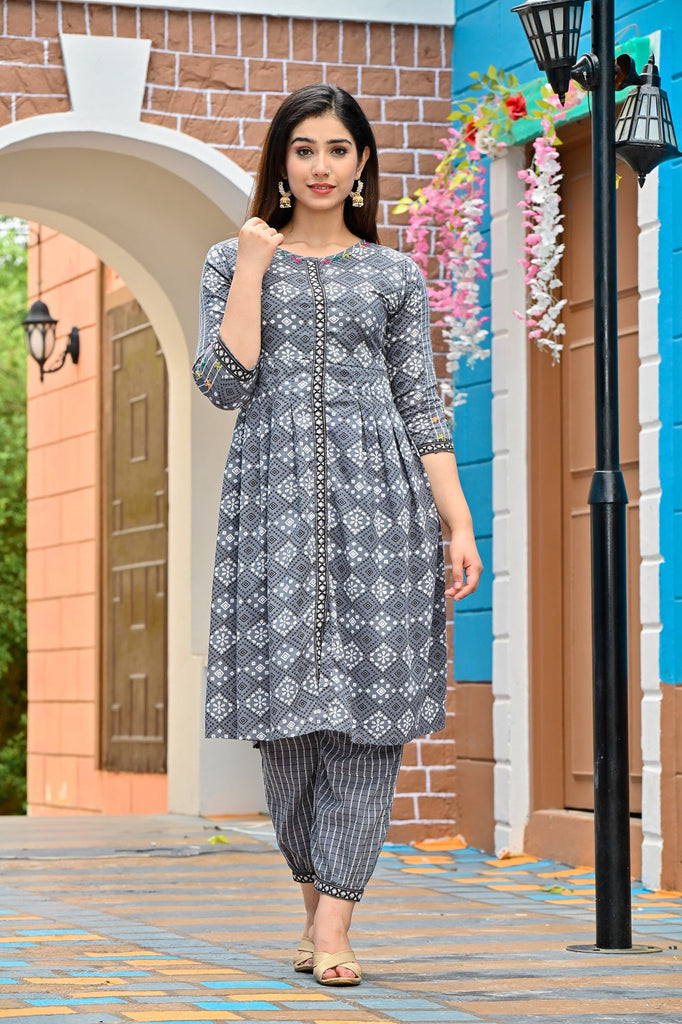 Printed Grey Long Kurti With Palazzo