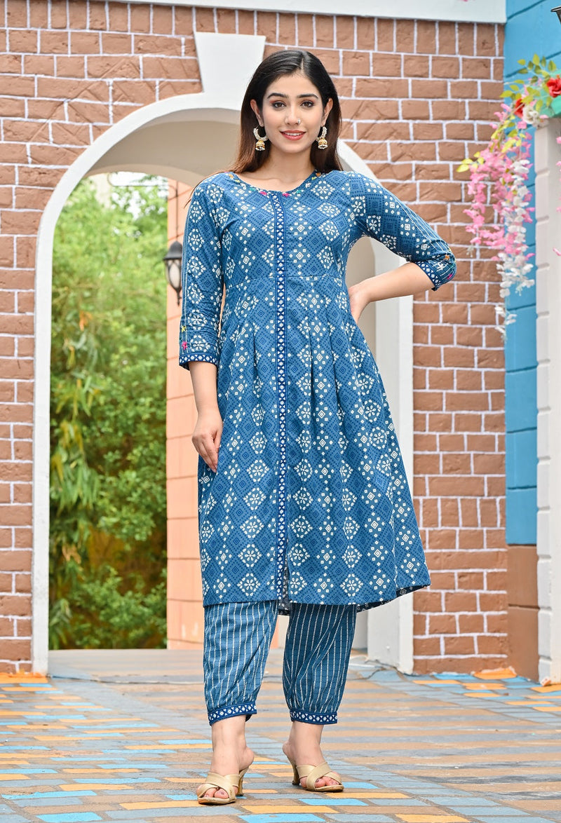 Buy SDC Collections Classy Pure Indigo Print Cotton Kurti Pant Dupatta Set  Highlighted with Sequin Work on Yoke 2564_44 at Amazon.in