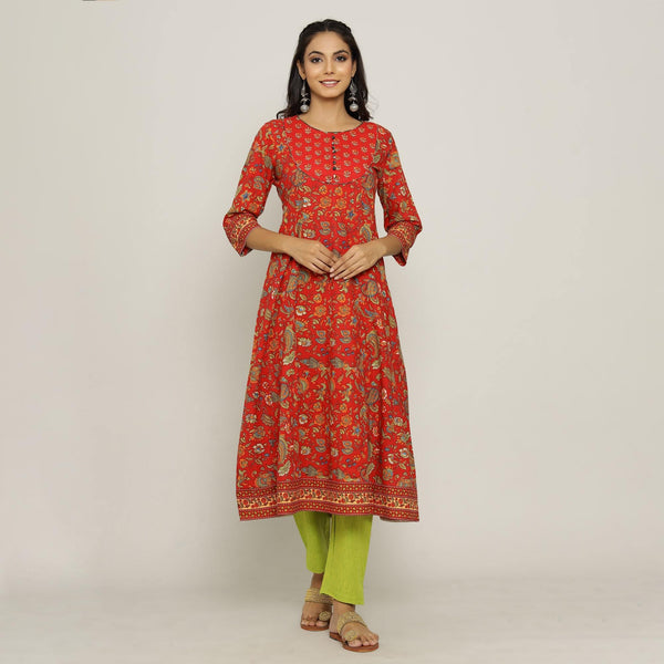 Rang Deep Women Set of Red & Green Cotton Kurti With Pant Kurti Rangdeep-Fashions 