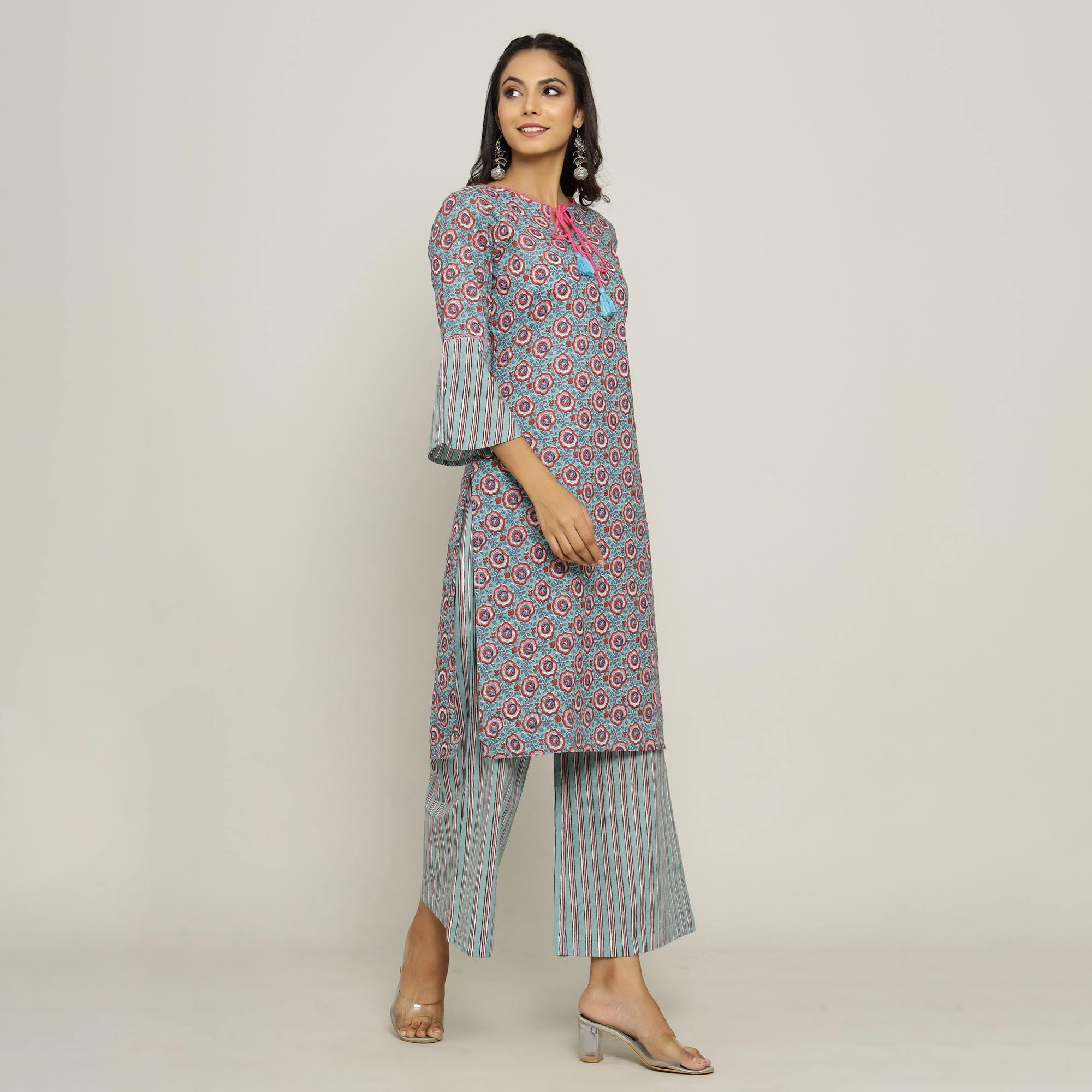 Rang Deep Women Set of SkyBlue Cotton Kurti With Palazzo Kurti Rangdeep-Fashions 