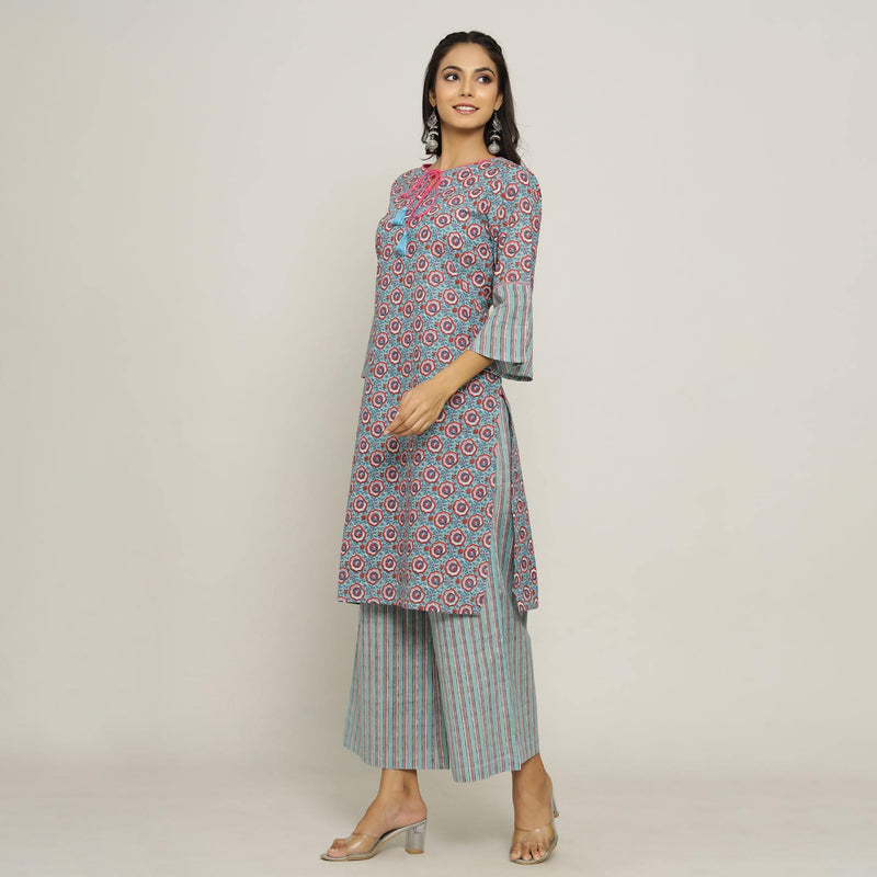 Rang Deep Women Set of SkyBlue Cotton Kurti With Palazzo Kurti Rangdeep-Fashions 