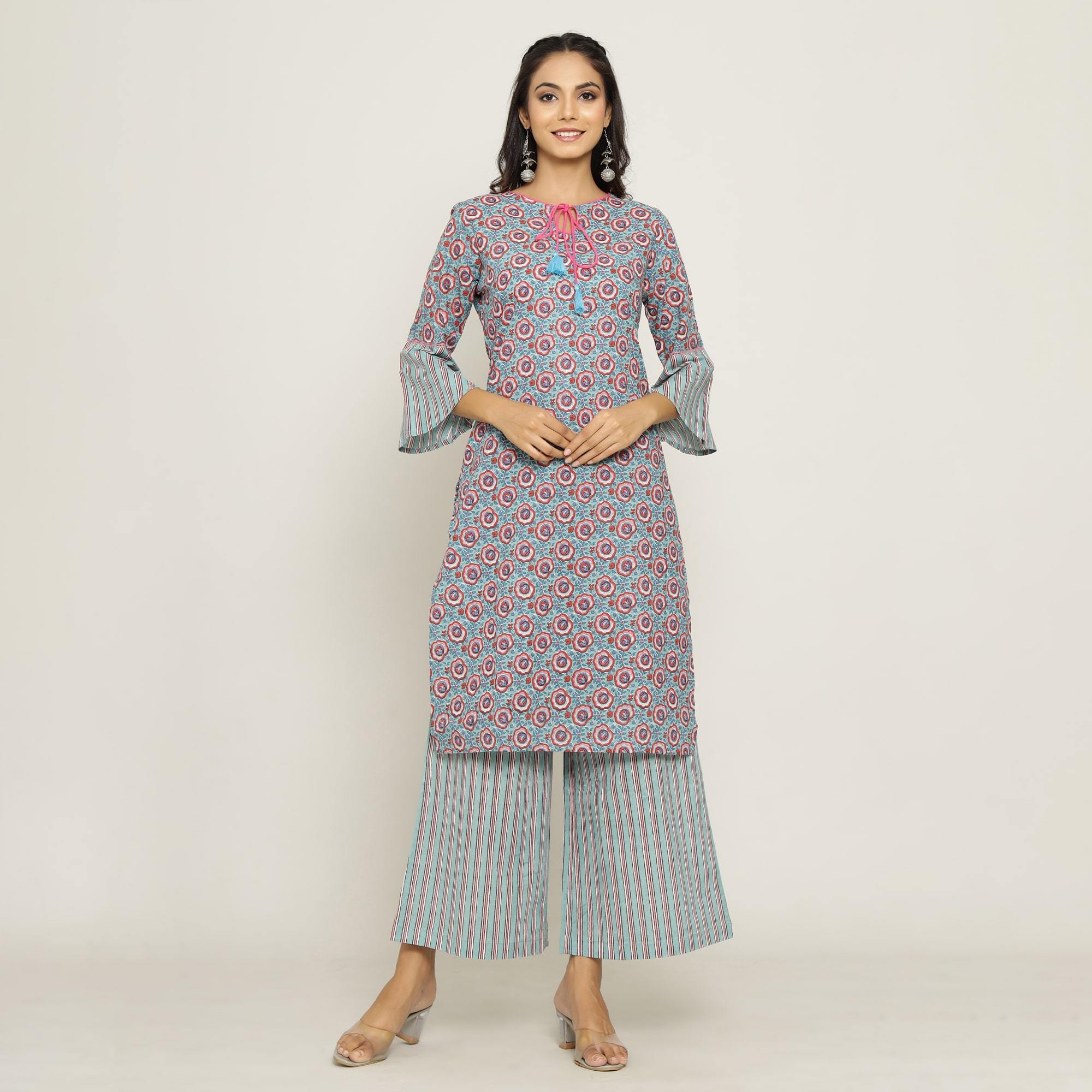 Rang Deep Women Set of SkyBlue Cotton Kurti With Palazzo Kurti Rangdeep-Fashions 