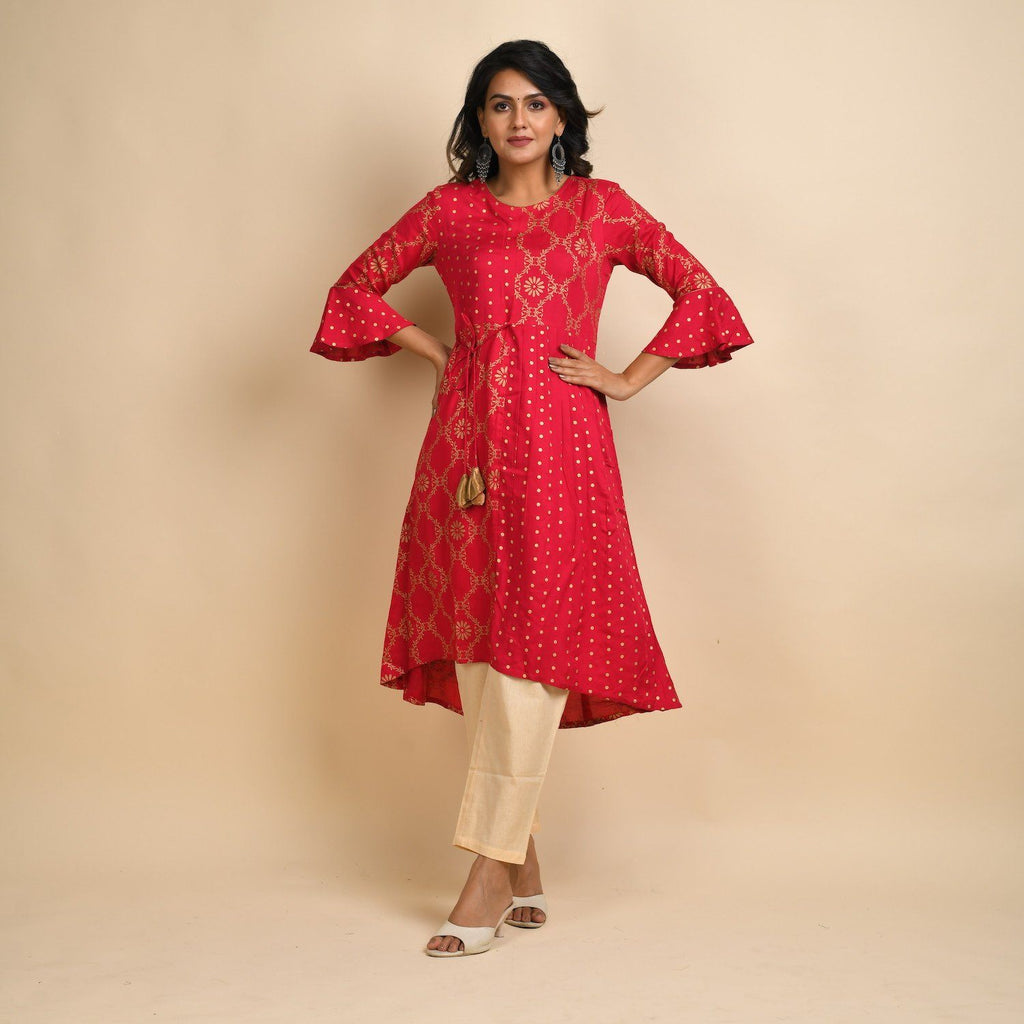Classic Black Dotted Leaf Printed Rayon Readymade Kurti With Belt