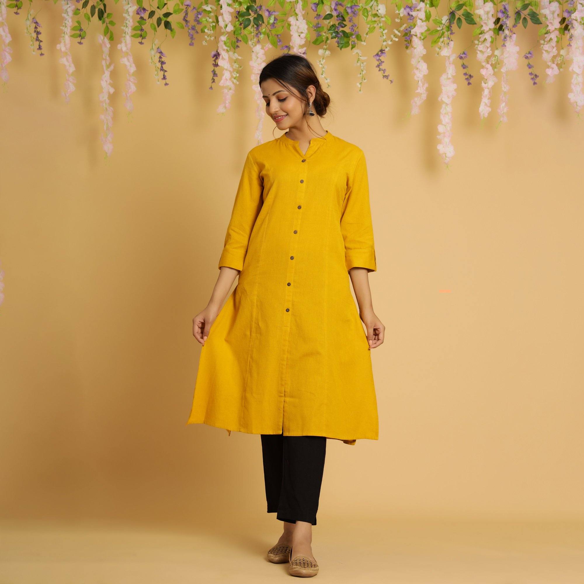 Rang Deep Yellow Cotton FLex Kurta Cotton Flex Kurti Rangdeep-Fashions 