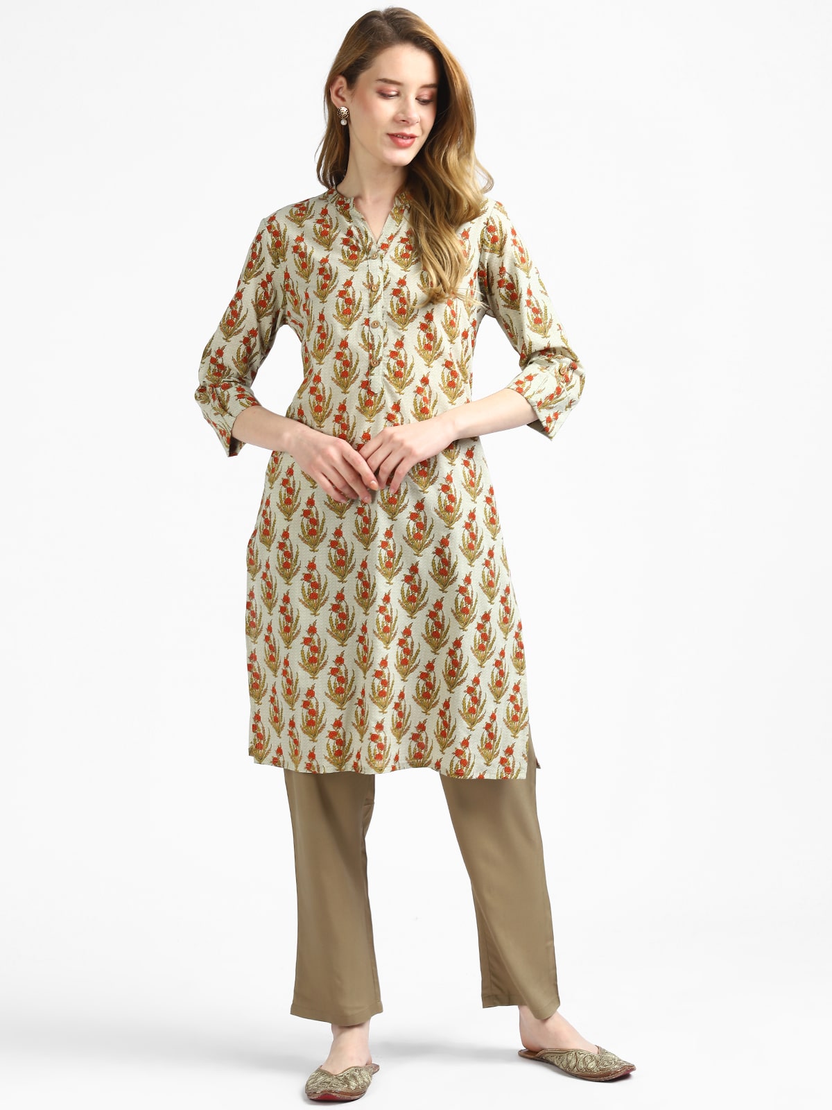 RangDeep Beige Floral Printed Kurta Kurti Rangdeep-Fashions Small 