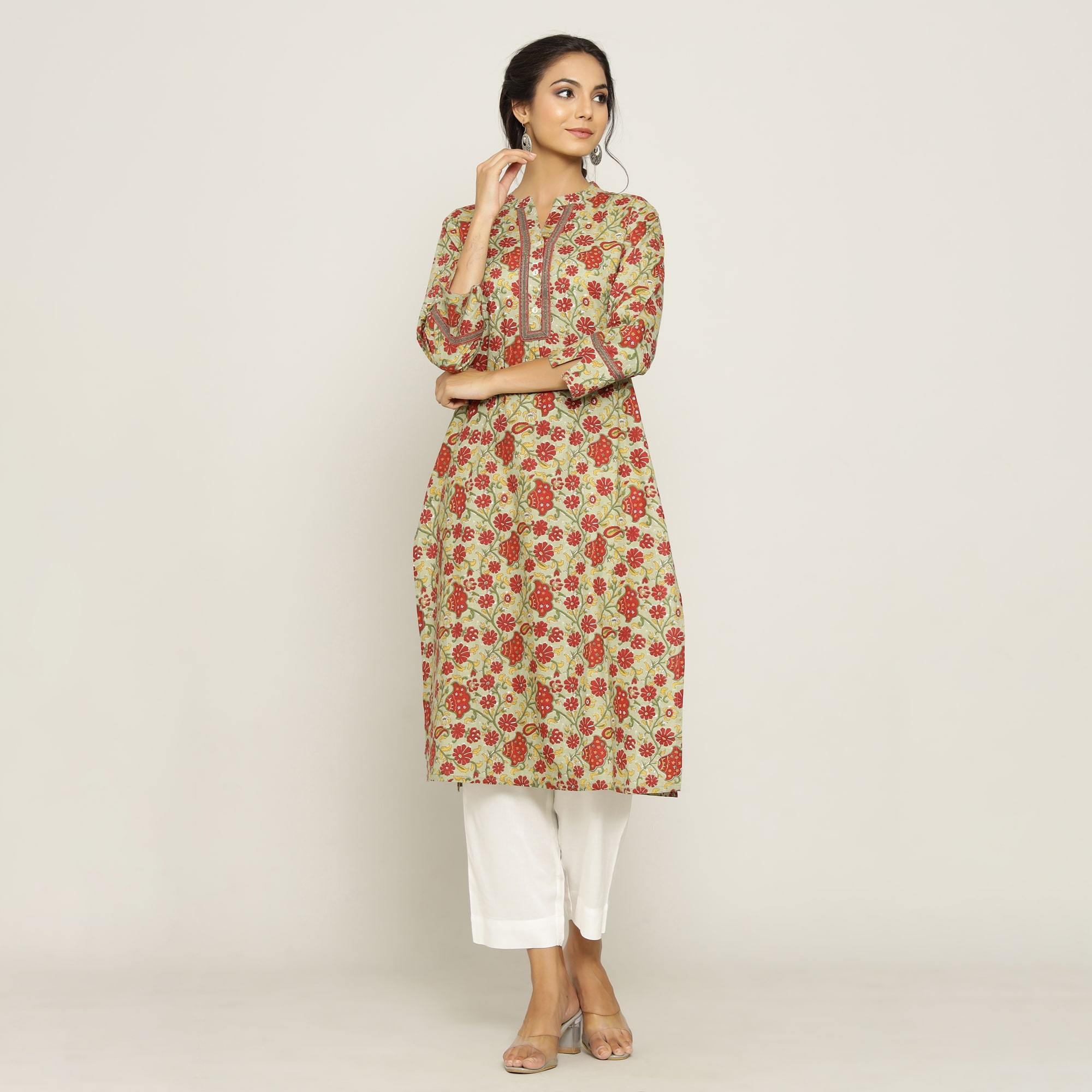 Rangdeep Beige printed Calf length Cotton Kurti Kurti Rangdeep-Fashions 