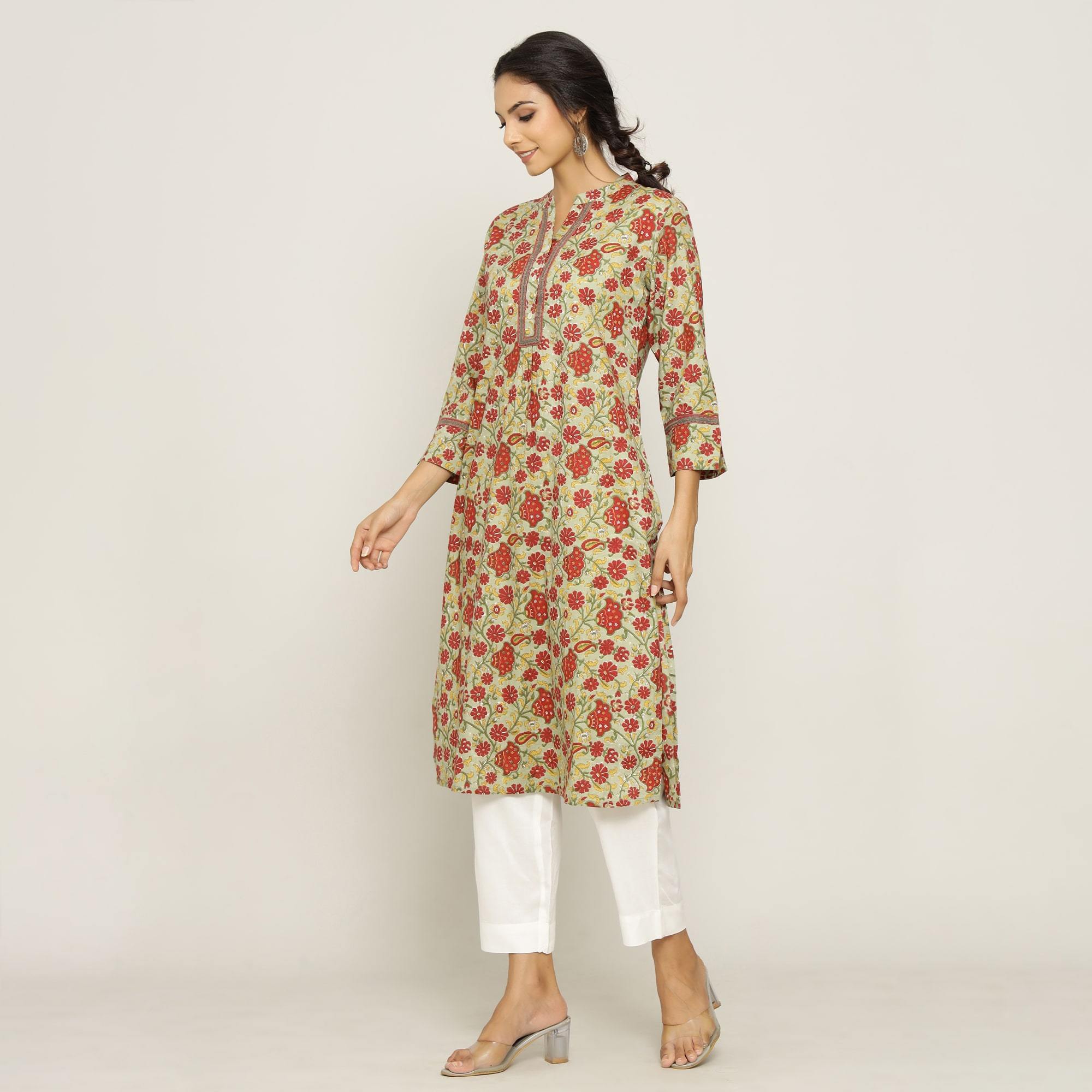 Rangdeep Beige printed Calf length Cotton Kurti Kurti Rangdeep-Fashions 