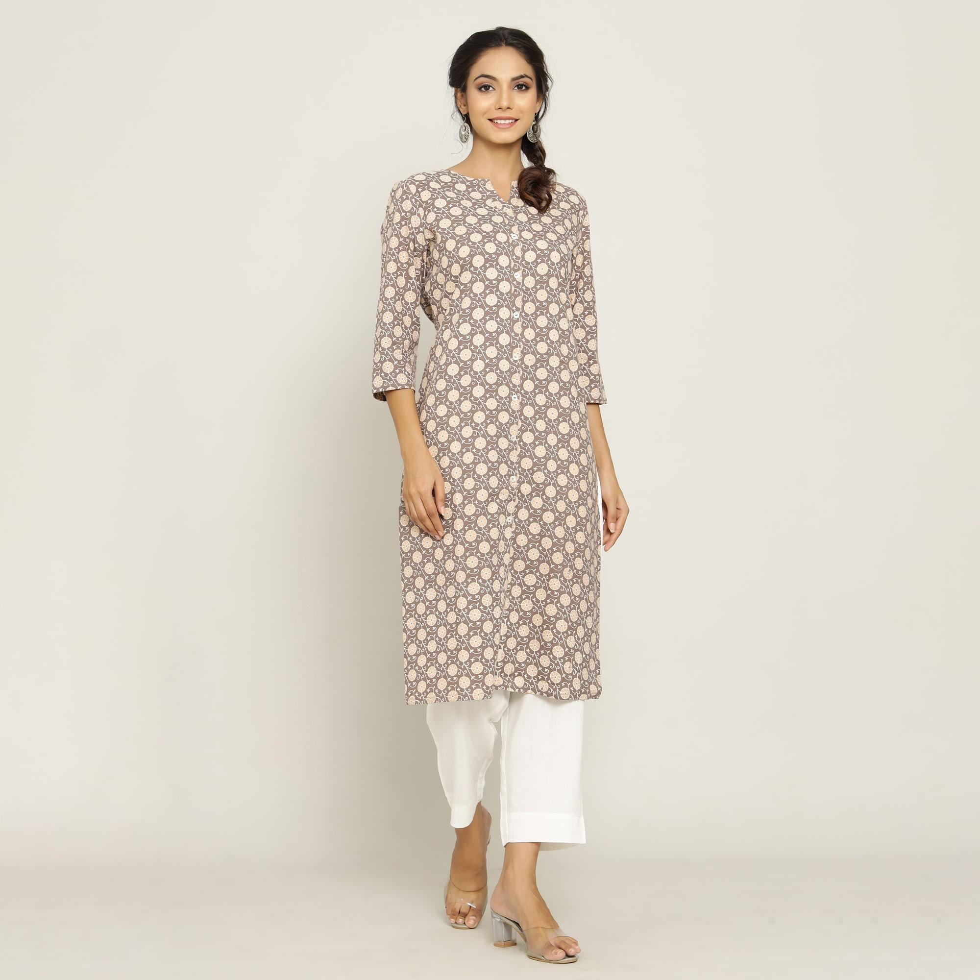 Rangdeep Beige printed NUDE Calf length Cotton Kurti Kurti Rangdeep-Fashions 