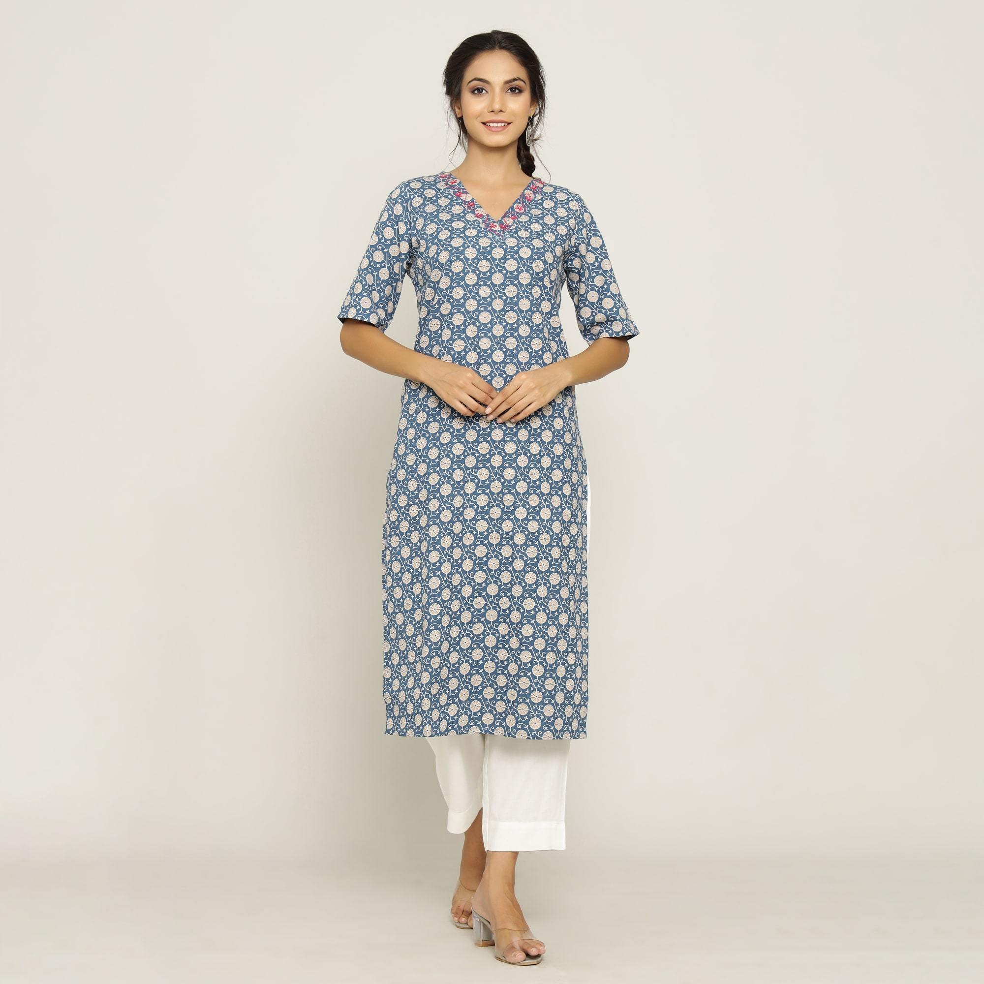 Rangdeep Blue printed Calf length Cotton Kurti Kurti Rangdeep-Fashions 