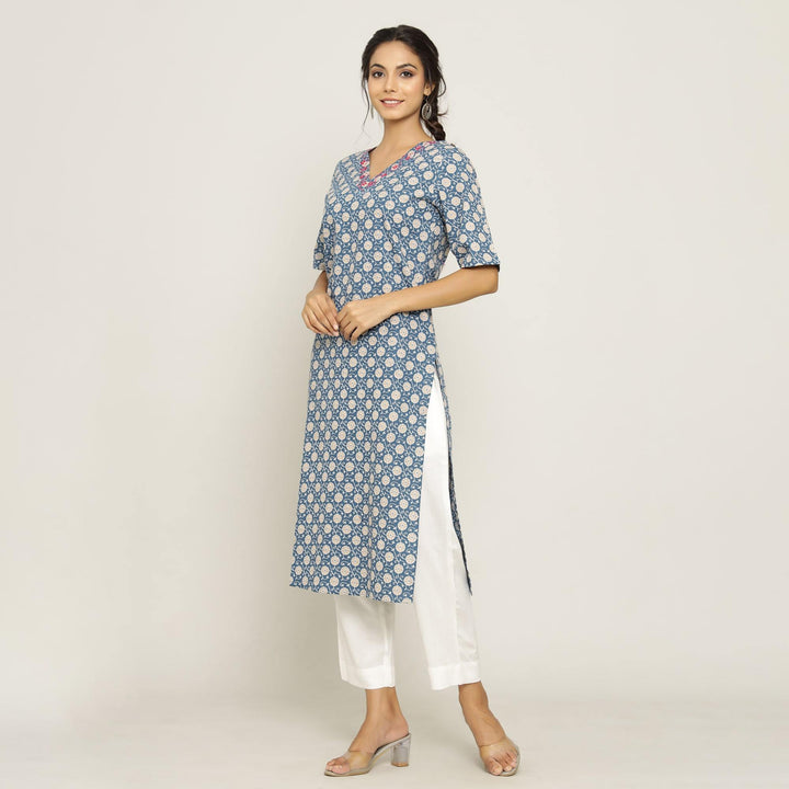 Rangdeep Blue printed Calf length Cotton Kurti Kurti Rangdeep-Fashions 