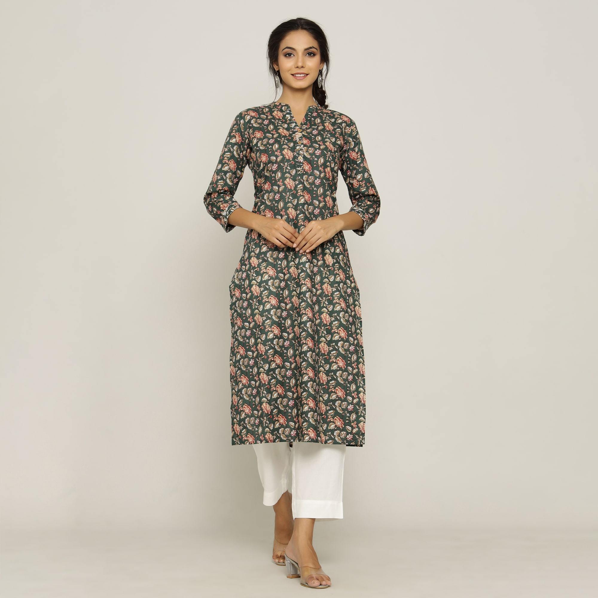 Rangdeep Green printed Calf length Cotton Kurti Kurti Rangdeep-Fashions 