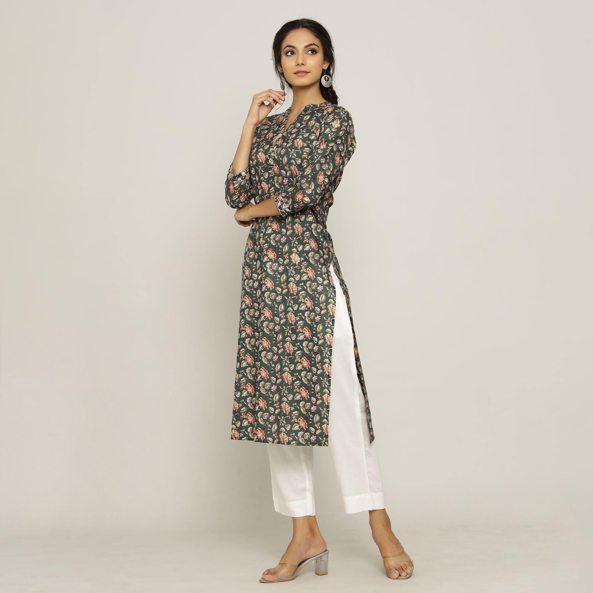 Rangdeep Green printed Calf length Cotton Kurti Kurti Rangdeep-Fashions 