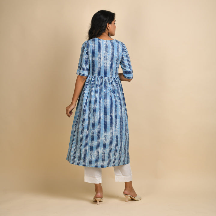 Rangdeep Indigo Stripes Calf length Cotton Kurti Kurti Rangdeep-Fashions 