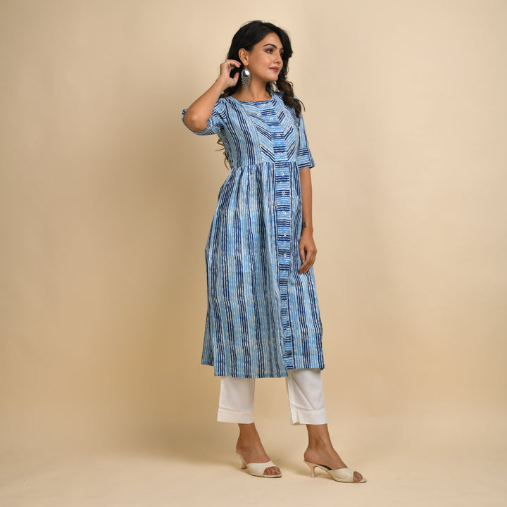 Rangdeep Indigo Stripes Calf length Cotton Kurti Kurti Rangdeep-Fashions 