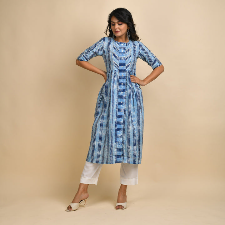 Rangdeep Indigo Stripes Calf length Cotton Kurti Kurti Rangdeep-Fashions 