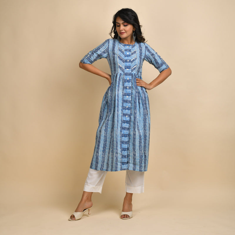 Rangdeep Indigo Stripes Calf length Cotton Kurti Kurti Rangdeep-Fashions 