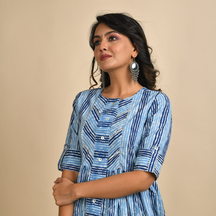 Rangdeep Indigo Stripes Calf length Cotton Kurti Kurti Rangdeep-Fashions 