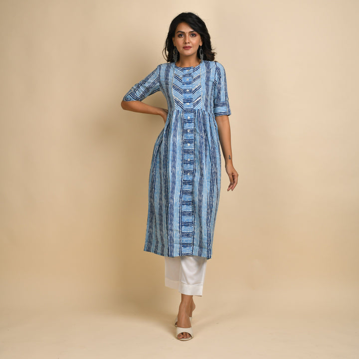 Rangdeep Indigo Stripes Calf length Cotton Kurti Kurti Rangdeep-Fashions 