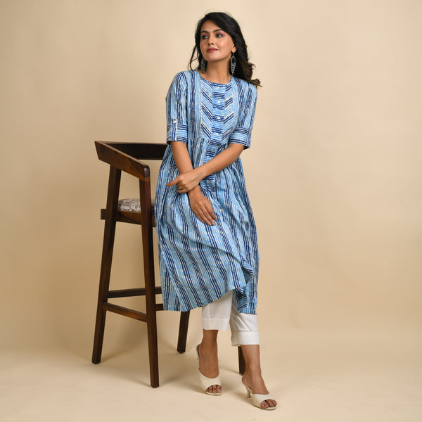 Rangdeep Indigo Stripes Calf length Cotton Kurti Kurti Rangdeep-Fashions Small 