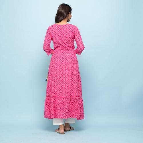 Rangdeep Pink Bandhej Calf length Cotton Kurti Kurti Rangdeep-Fashions 